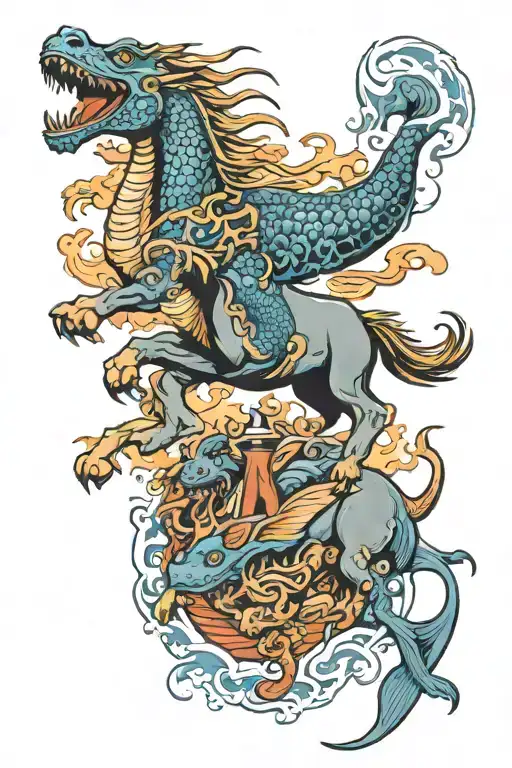 horse, dog, dragon, and blue whale jumping tattoo design idea