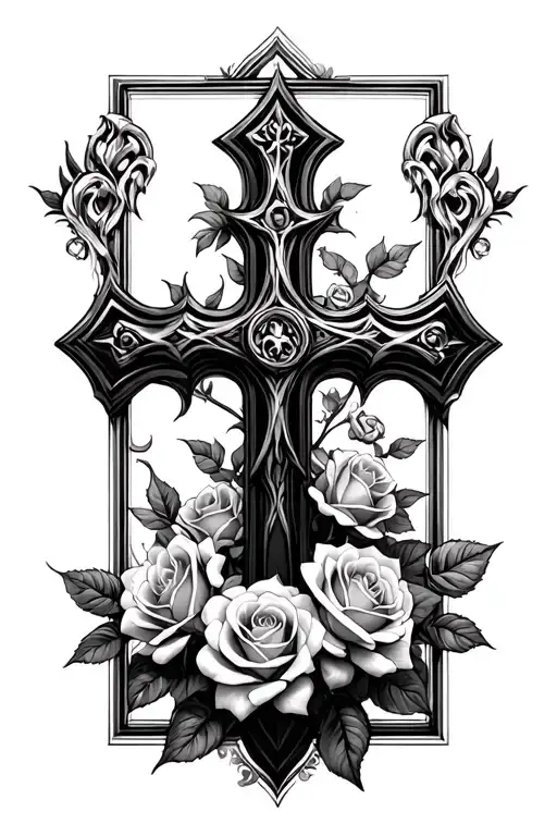 Gothic cross intertwined with roses growing and blooming tattoo design idea