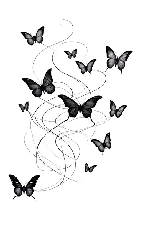 butterflies dissolving into threads of fate, invisible string theory illustrated with elegant thin lines weaving and spi tattoo design idea