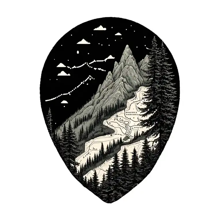 A detailed map of a favorite hiking trail with landmarks and elevation markers, framed by tree branches tattoo design idea