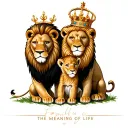 king lion and queen lion with crown and a lion cub with the text "family is the meaning of life" tattoo design idea