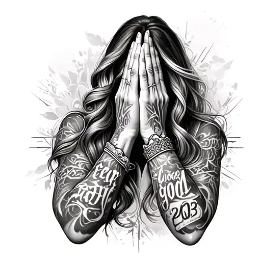 Chicano style full leg sleeve tattoo for a woman featuring hands praying, graffiti writing saying “fear god” and "2003" tattoo design idea