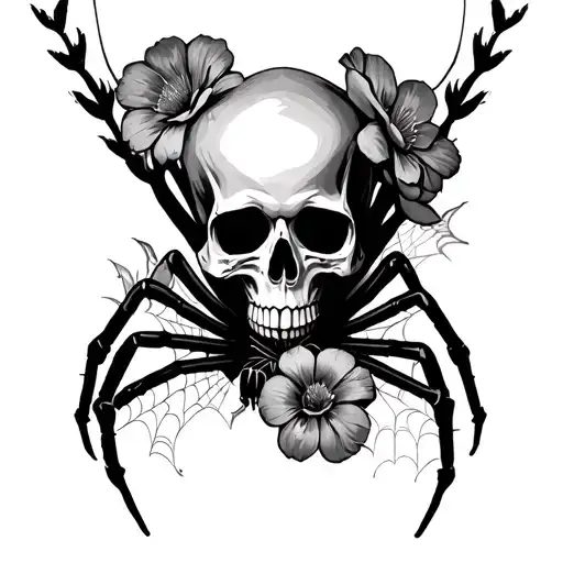 skull flowers spider and webs tattoo design idea