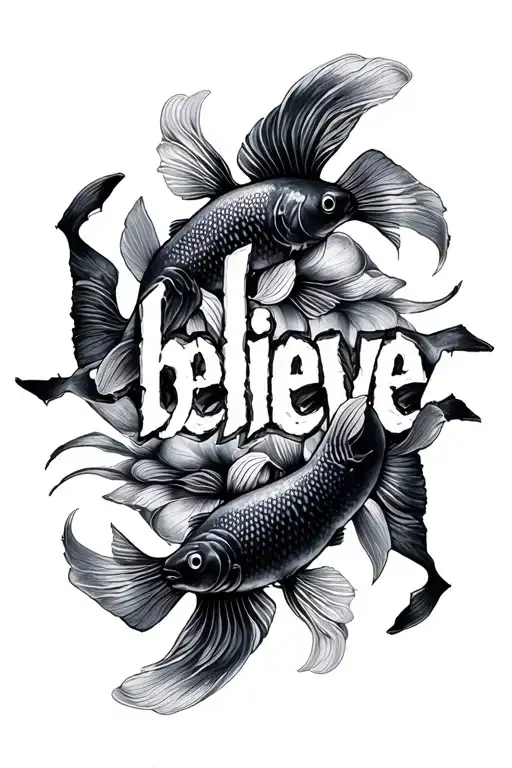 The word "believe" written with each letter torn apart into seperate pieces for each letter, with goldfish around them tattoo design idea