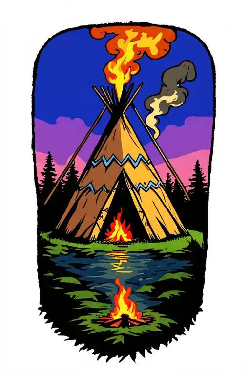 indian teepee, fire place inside, smoke coming from the top of the teepee, surrounded by wilderness tattoo design idea