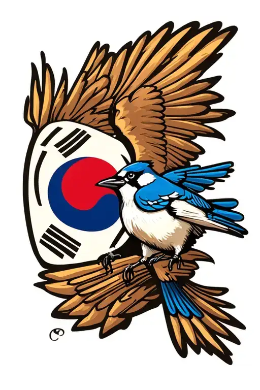 Korean flag with bluejay bird flying tattoo design idea