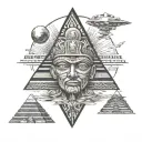 Aztec pyramid, Alien UFO abduction scene, Alien head in sky, planet in background, Aztec God tattoo design idea