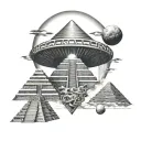 Aztec pyramid, Alien UFO abduction scene, Alien head in sky, planet in background, Aztec God tattoo design idea