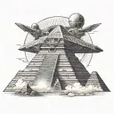 Aztec pyramid, Alien UFO abduction scene, Alien head in sky, planet in background, Aztec God tattoo design idea