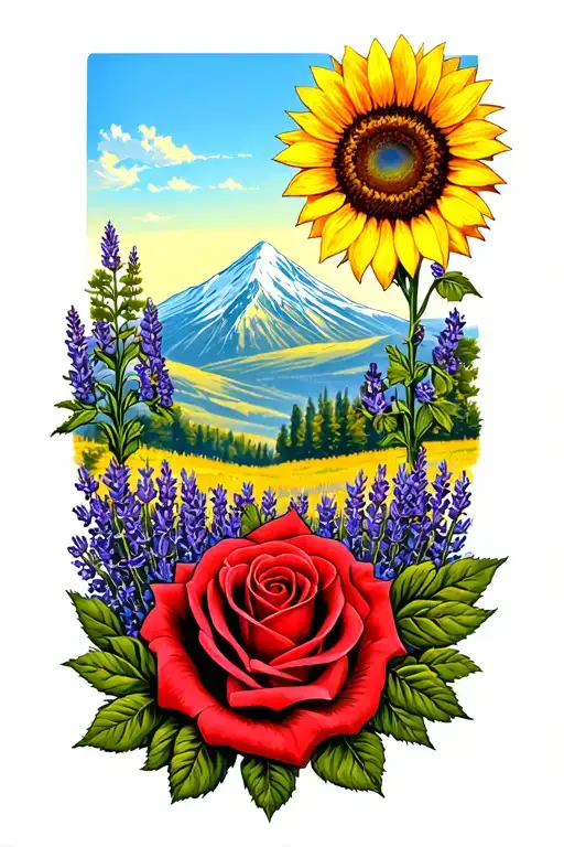  red roses and blue lavender flowers in a field and sunflower overlooking a mountain  tattoo design idea