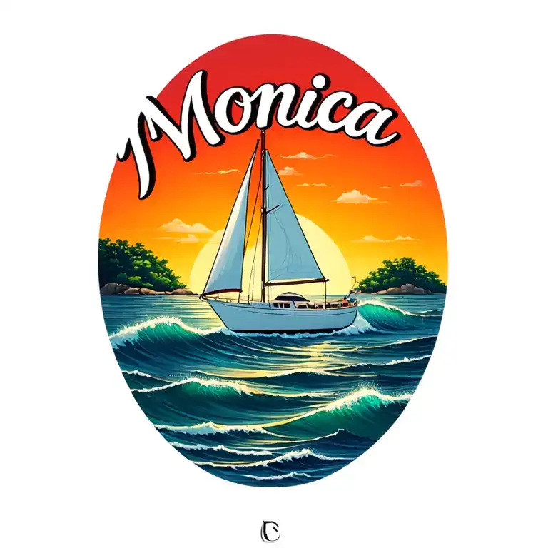 "Monica" "Monica" white sailboat, ocean waves, small island background, sunrise tattoo design idea