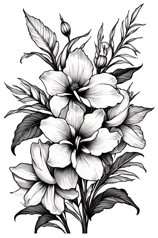 daffodils and hibiscus flower large black leaves tattoo design idea