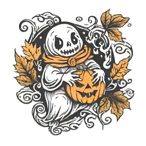 cute ghost holding a jackolantern and fall leaves tattoo design idea