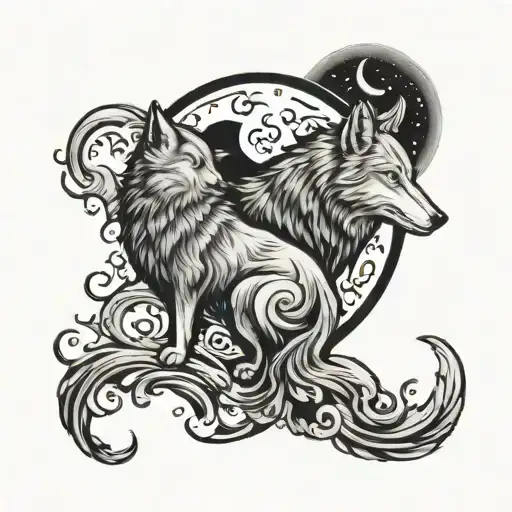 yin yang and wolf howling at the moon tattoo design idea