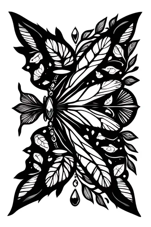 lunar moth, mushrooms, leaves, moon, dangling jewels tattoo design idea