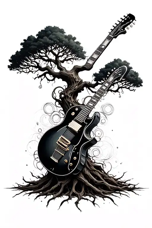 mechanical tree, autism, guitar, music, tattoo design idea