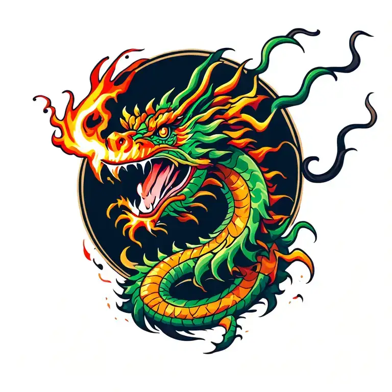yakoza style dragon breathing fire tattoo design idea