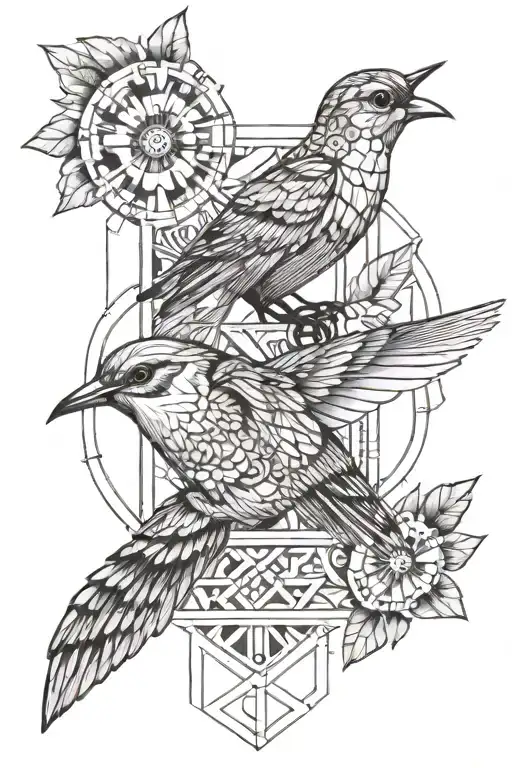 Fine art tattoo with Greek, computer science and swallow bird tattoo design idea