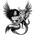 African American Sexy Mermaid with a owl and elephant tattoo design idea