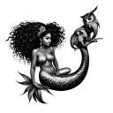African American Sexy Mermaid with a owl and elephant tattoo design idea