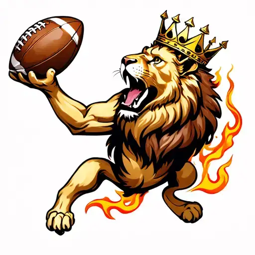 “Lion holding a football in its claw, symbolizing strength and passion, hyper-detailed tattoo with crown and flames” tattoo design idea