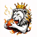 “Lion holding a football in its claw, symbolizing strength and passion, hyper-detailed tattoo with crown and flames” tattoo design idea