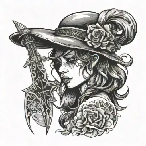Sister In Law Sword Hat covering half her face tattoo design idea