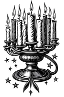 a candlestick tattoo with seven candles from the forearm to the wrist, instead of candle flames there are stars, candles tattoo design idea