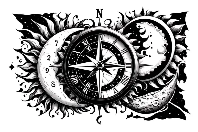 sun, moon, compass, time clock tattoo design idea