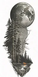 massive forest landscape with huge moon in the background  tattoo design idea