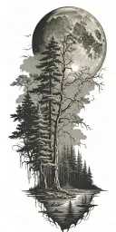 massive forest landscape with huge moon in the background  tattoo design idea