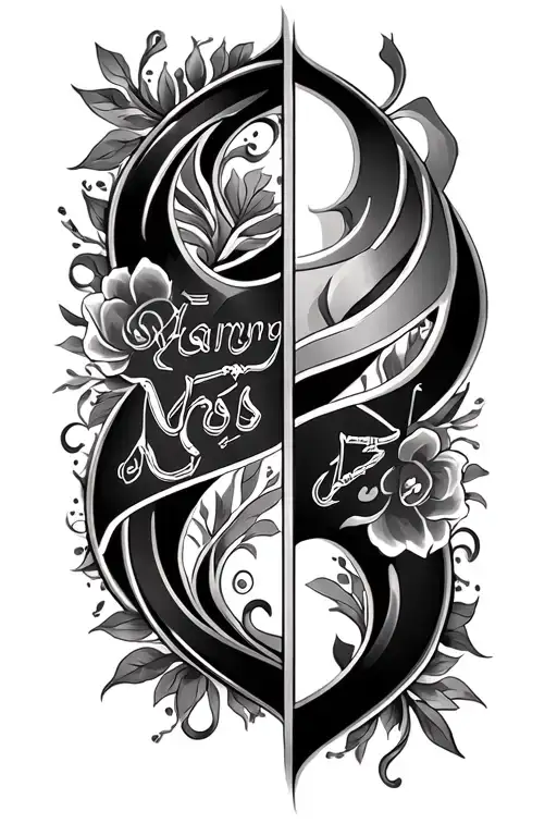 vertical tattoo of two name Narjis .Mohammed and suitable along female back tattoo design idea