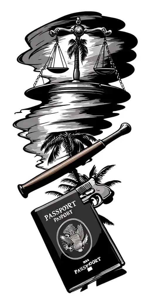 tornado sucking up scales of justice, gun, baseball bat, passport, and palm tree tattoo design idea
