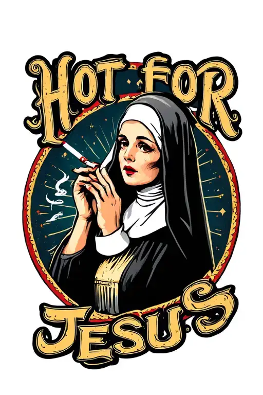 "Hot for Jesus" pin up nun smoking a cigarette tattoo design idea