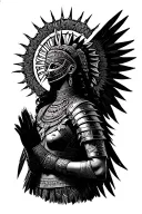 Female aztec angel warrior wearin mayan inspired armor with mask and halo worshipping the sun tattoo design idea
