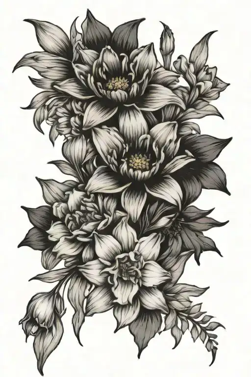 crysanthemums, poppys, narcissus, and daffodil bouquet tattoo design idea