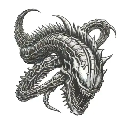 xenomorph curled up with tail coming down tattoo design idea
