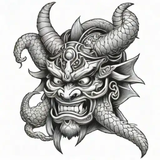 samurai oni mask and snake tattoo design idea
