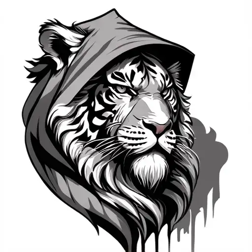 old man with a hood of half diamond lion and half chinese tiger tattoo design idea