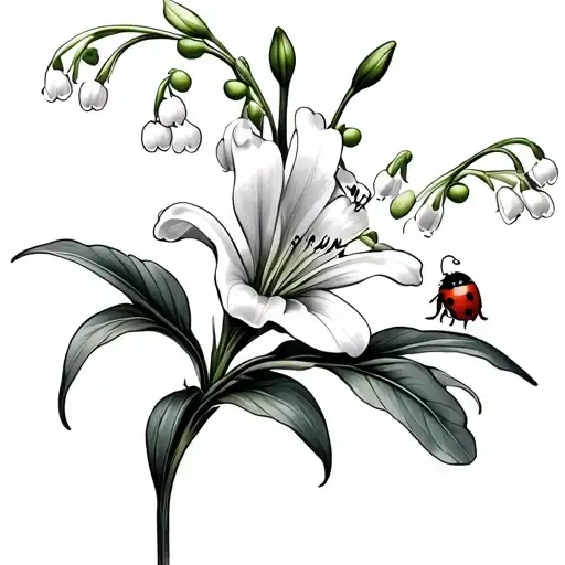 Lily of the valley with ladybird resting tattoo design idea