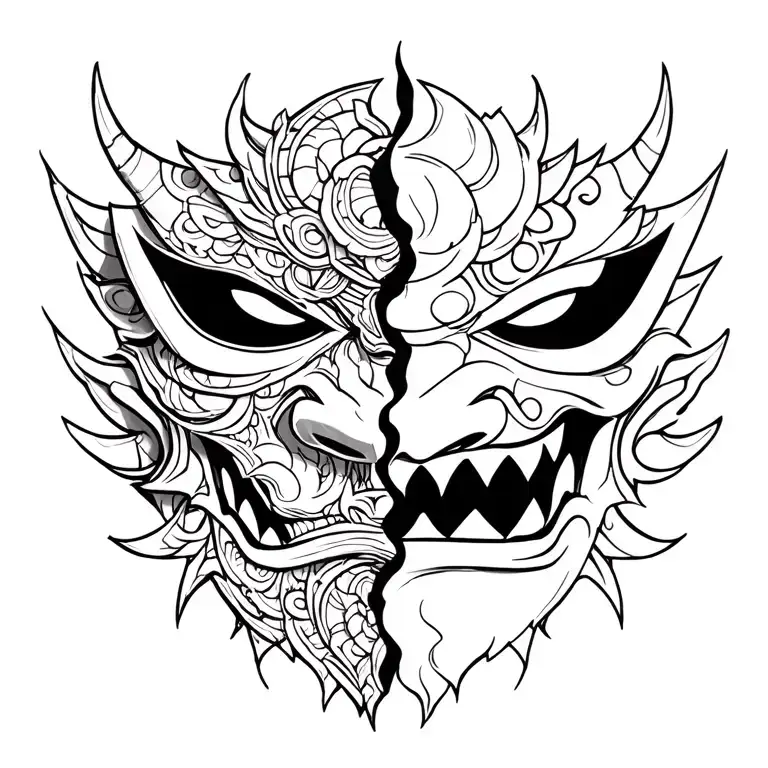 oni mask split in half tattoo design idea