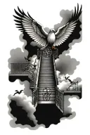 stair way open gates doves flying 3rd eye symbol integrated with clouds  tattoo design idea