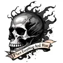 A dark smoky skull with a ribbon at the bottom saying "Face Everything And Rise" tattoo design idea
