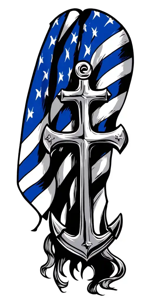 Thin blue line flag with Navy Anchor, God's Cross and the Armor tattoo design idea