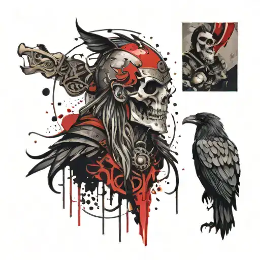 sleeve tattoo, viking, skull, raven, blood dripping, viking ship tattoo design idea