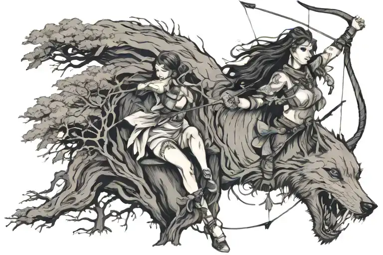 eleven archer shooting arrow old tree history books half wolf half women  tattoo design idea