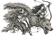 eleven archer shooting arrow old tree history books half wolf half women  tattoo design idea