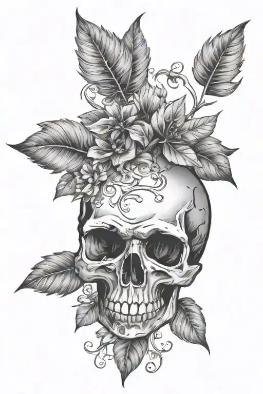 skull with foliage  tattoo design idea