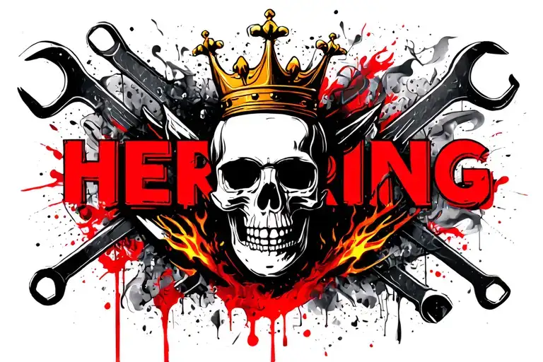 "HERRING" SKULL, CROWN, SMOKE, WRENCH, FIRE, RACING, DAPPER, GANGSTER tattoo design idea