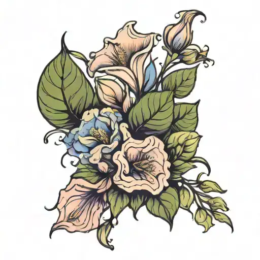 simple birth flower bouquet fine line with morning glorys, violets and roses with no leaves tattoo design idea